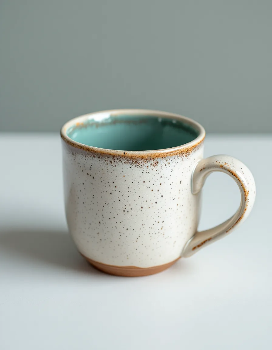 A speckled stoneware mug on a seamless white sweep, lit softly with a gentle contact shadow.